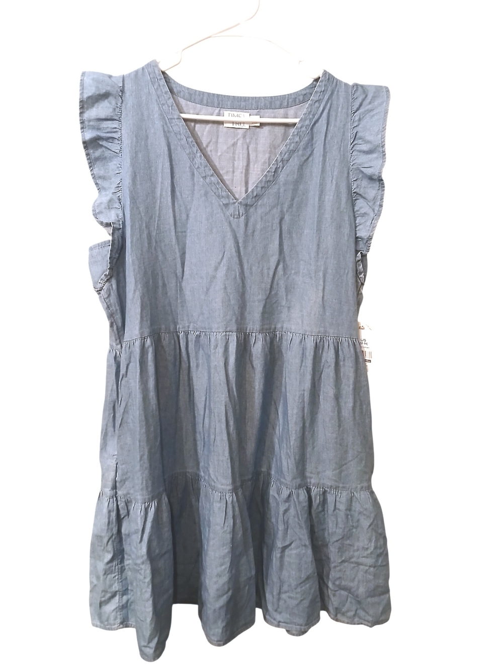 Time And Tru Light Blue Chambray  Tiered Dress with Ruffle Sleeves - Picture 3 of 11
